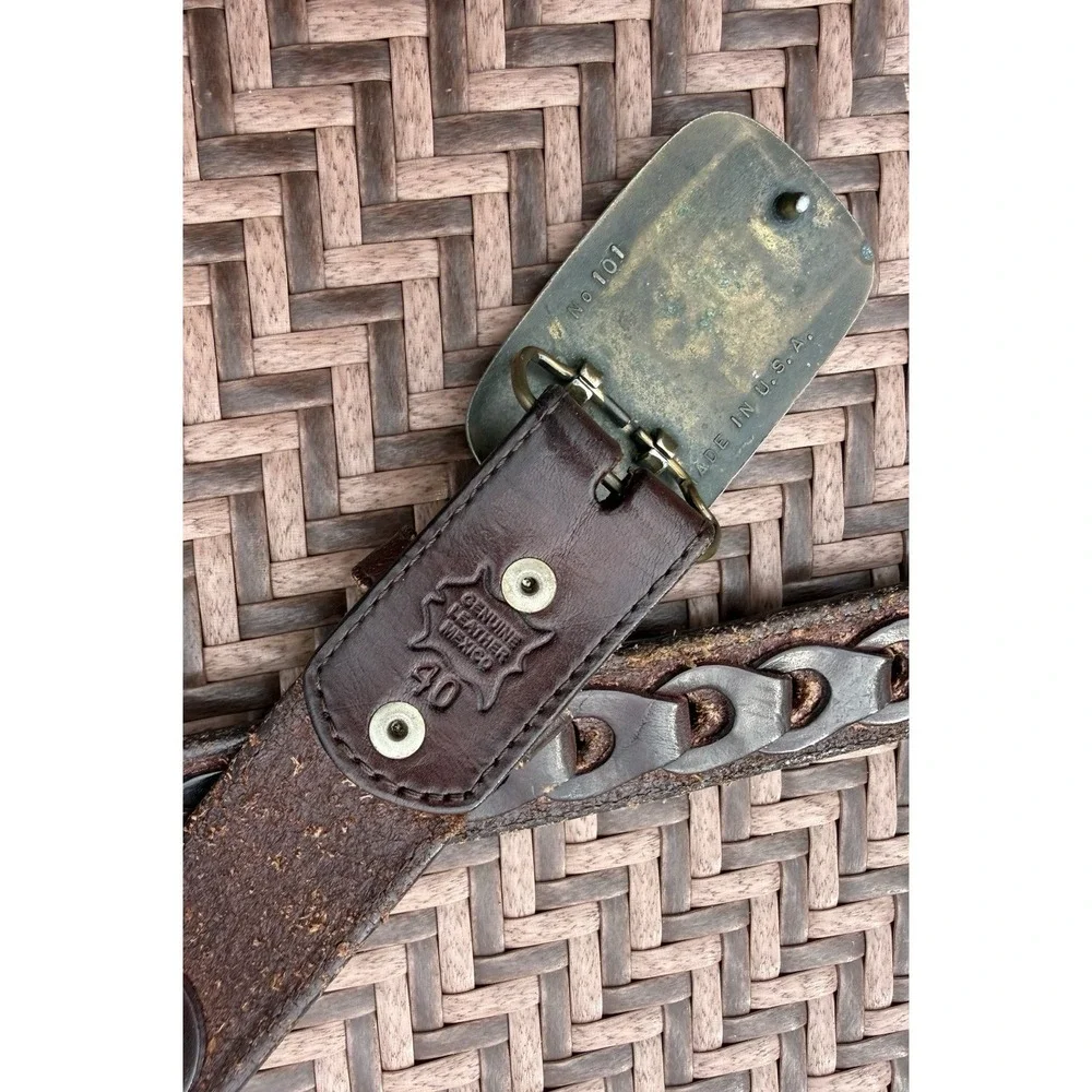 Leather Hand Tooled Woven Brown Belt Carpenter Buckle Hammer Saw Mexico Size 40